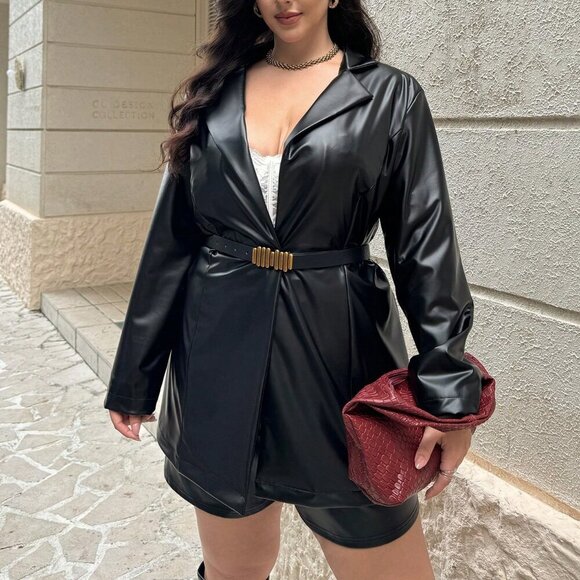 Black Casual Women's Faux Leather Fitted Jacket With Turn-Down Collar - Picture 4 of 6
